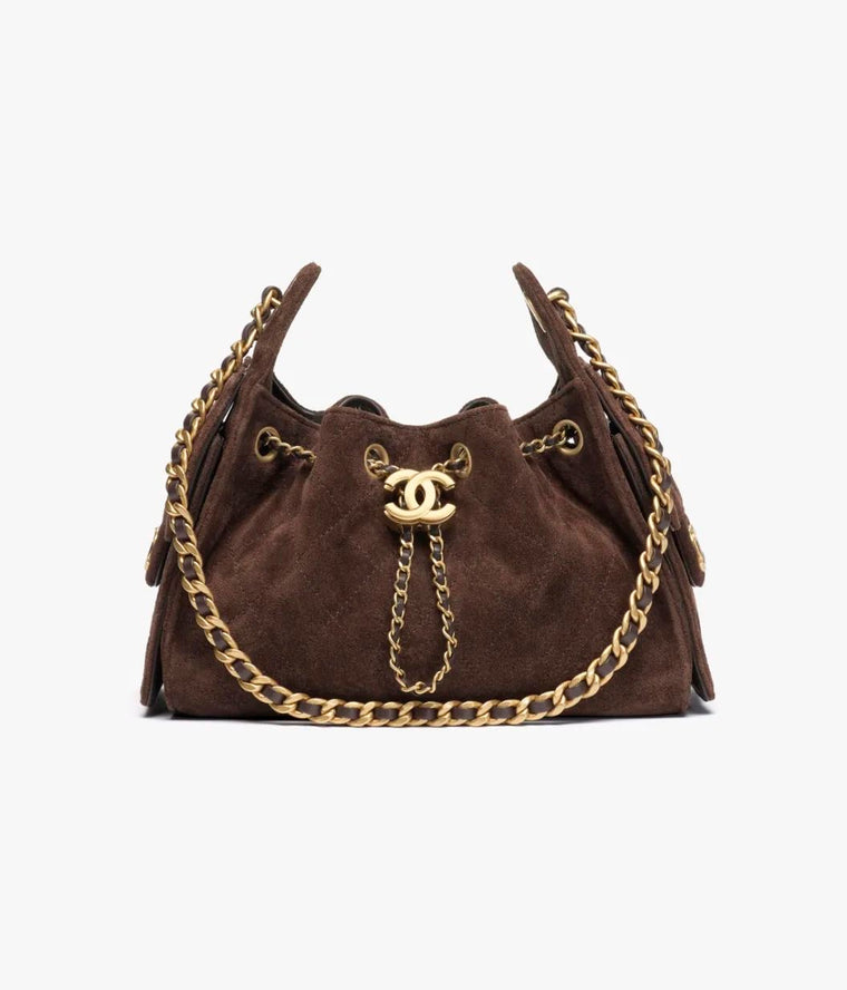 BROWN SUEDE CHANAYA 25 DRAWSTRING BUCKET BAG