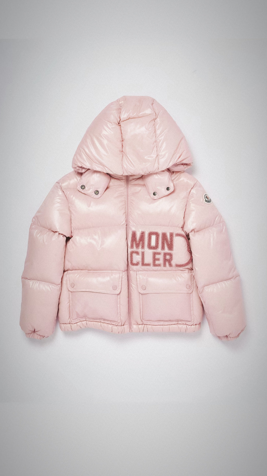 PINK MONCLER LETTER COAT WITH SIGNATURE
