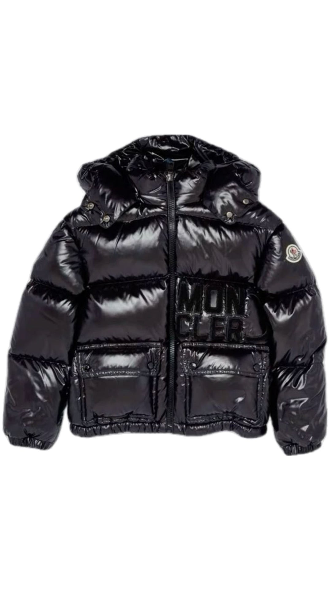 BLACK MONCLER LETTER COAT WITH SIGNATURE