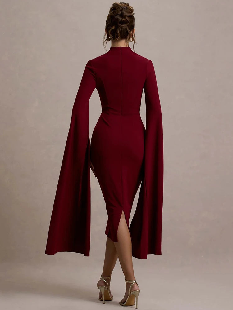 CAPE-SLEEVE MIDI DRESS — BLACK OR RED