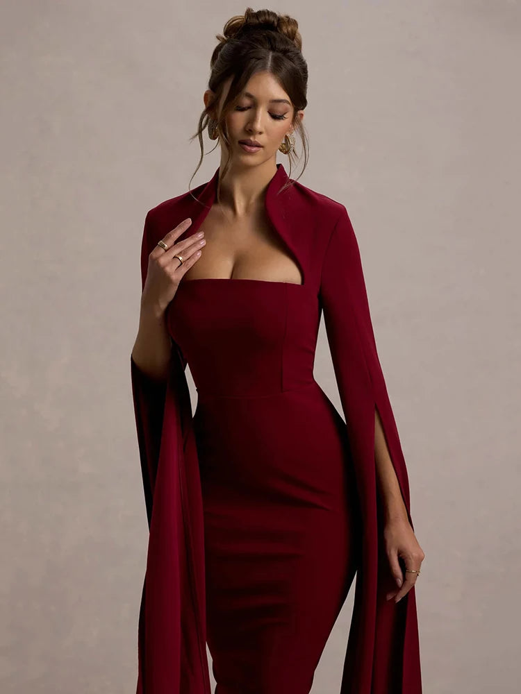 CAPE-SLEEVE MIDI DRESS — BLACK OR RED