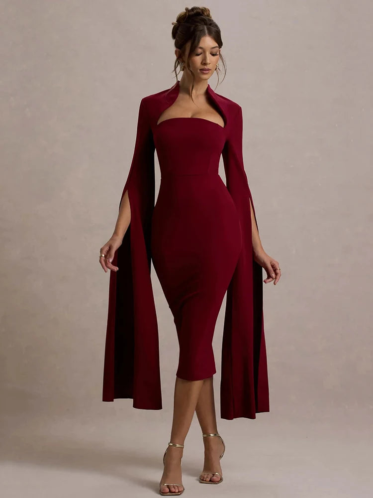 CAPE-SLEEVE MIDI DRESS — BLACK OR RED