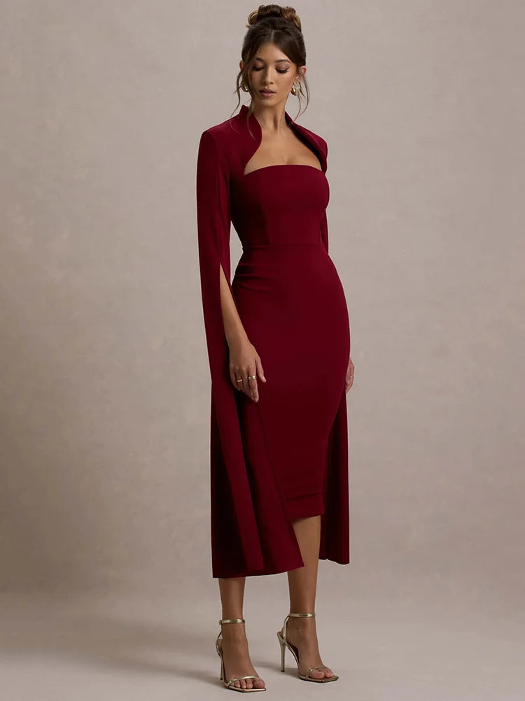 CAPE-SLEEVE MIDI DRESS — BLACK OR RED