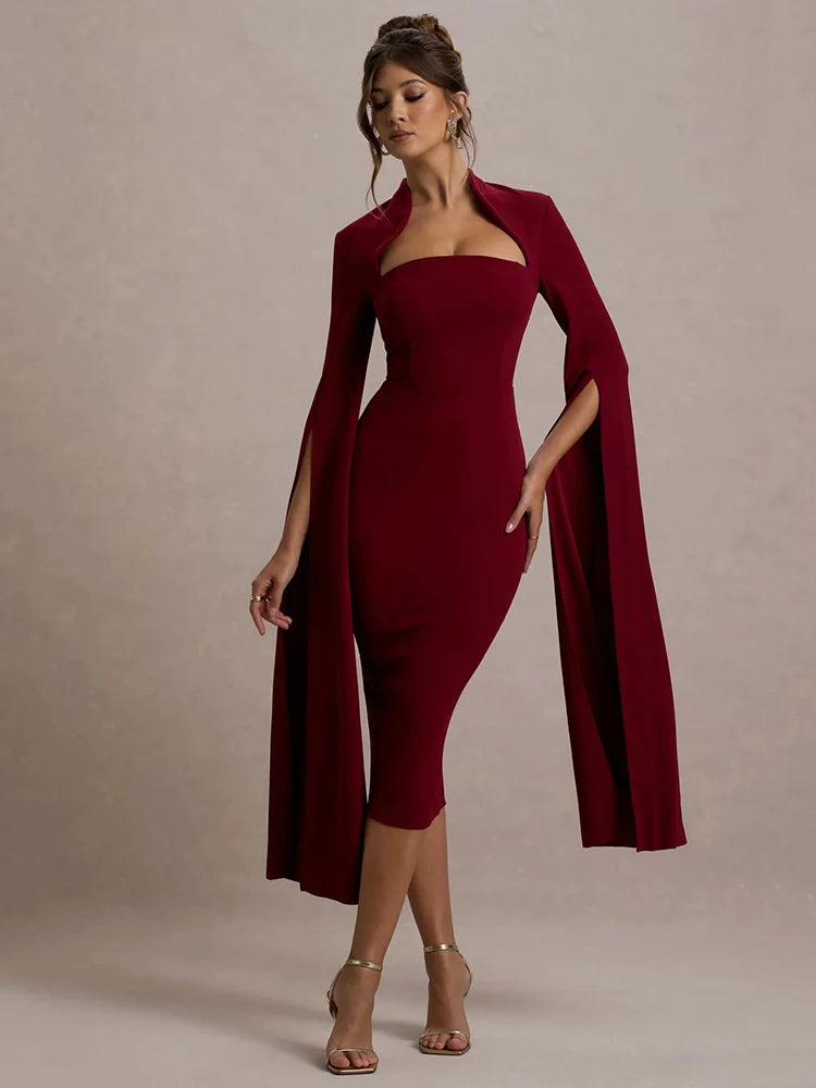 CAPE-SLEEVE MIDI DRESS — BLACK OR RED