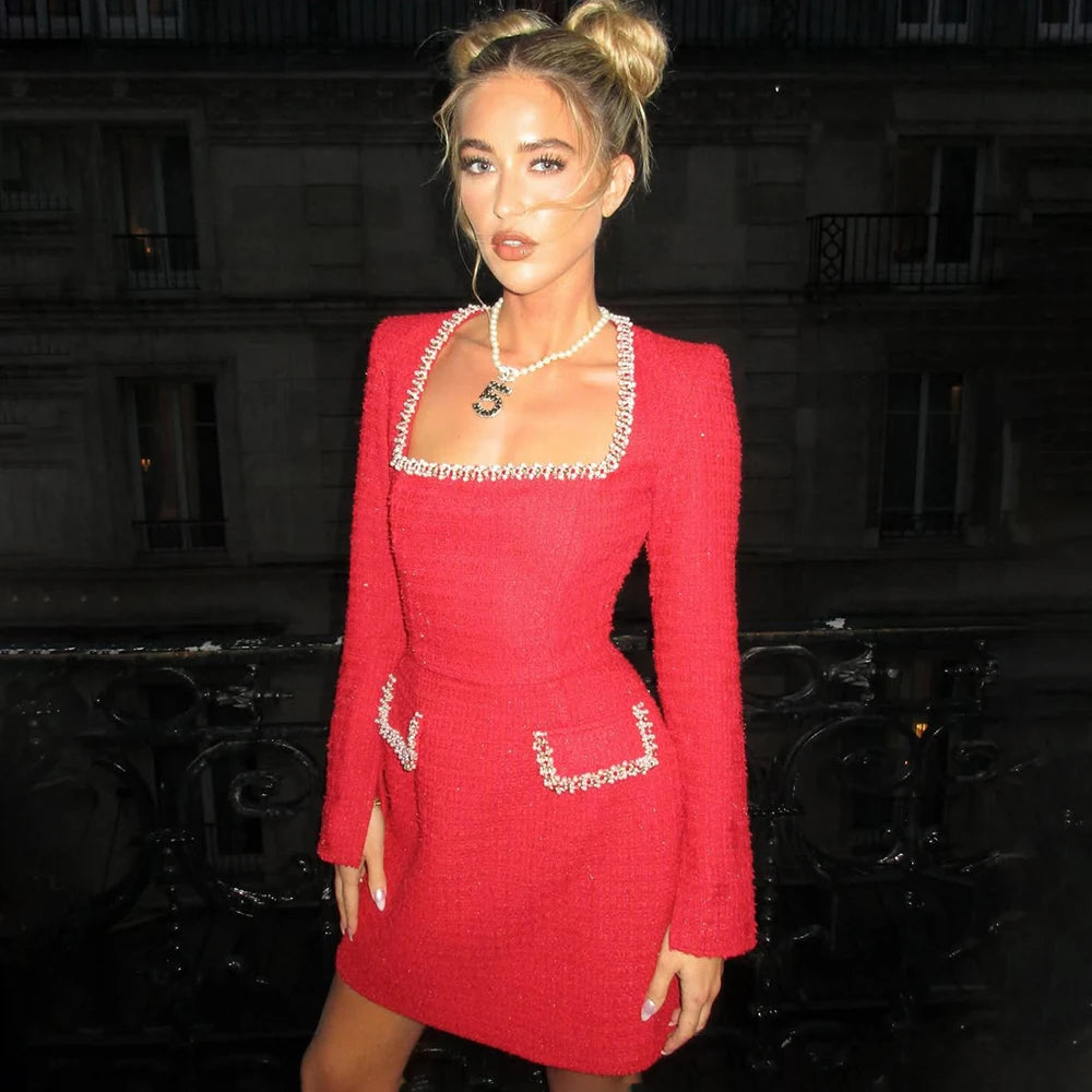 TWEED SQUARE-NECK MINI DRESS