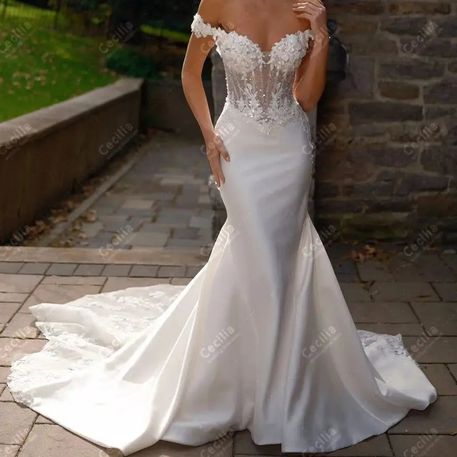 VINTAGE SATIN OFF-SHOULDER BRIDAL GOWN