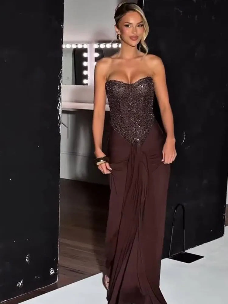 STRAPLESS SEQUIN MAXI DRESS