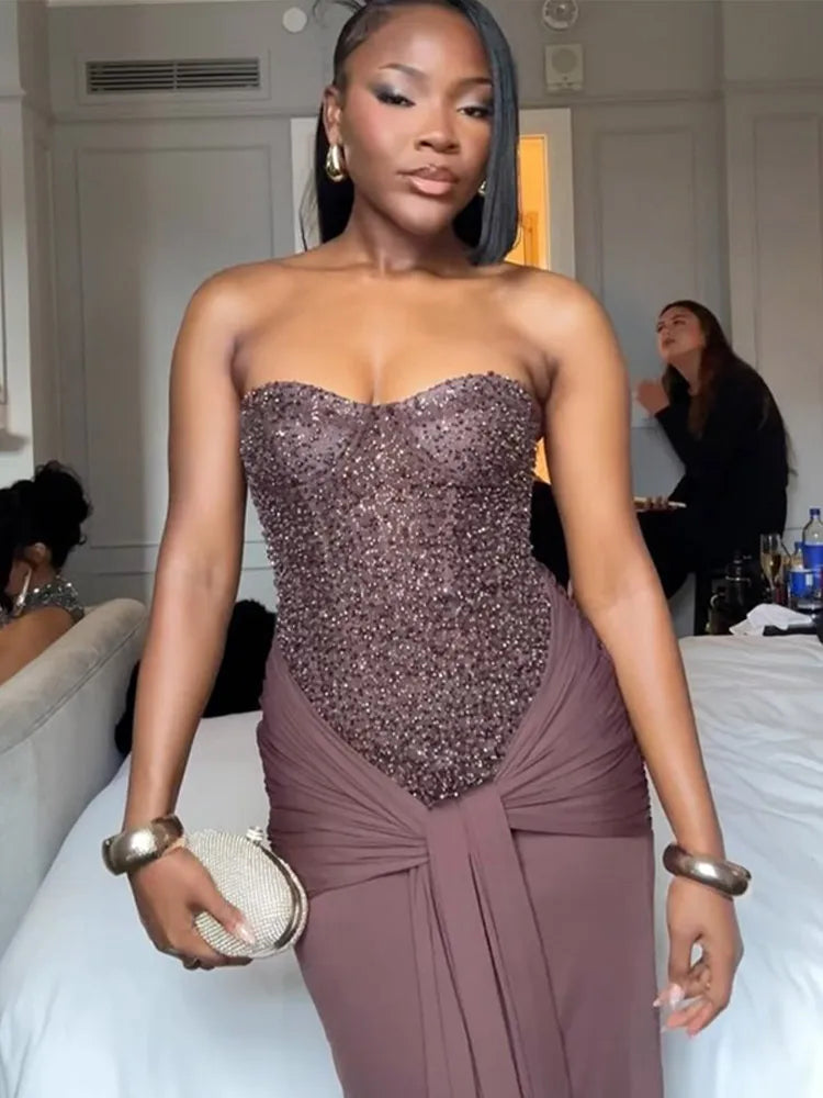 STRAPLESS SEQUIN MAXI DRESS